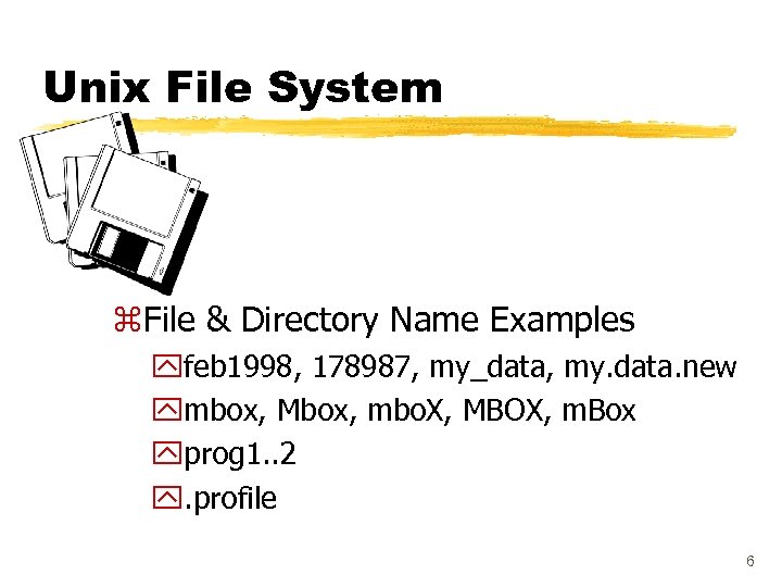 Unix File System z. File & Directory Name Examples yfeb 1998, 178987, my_data, my.