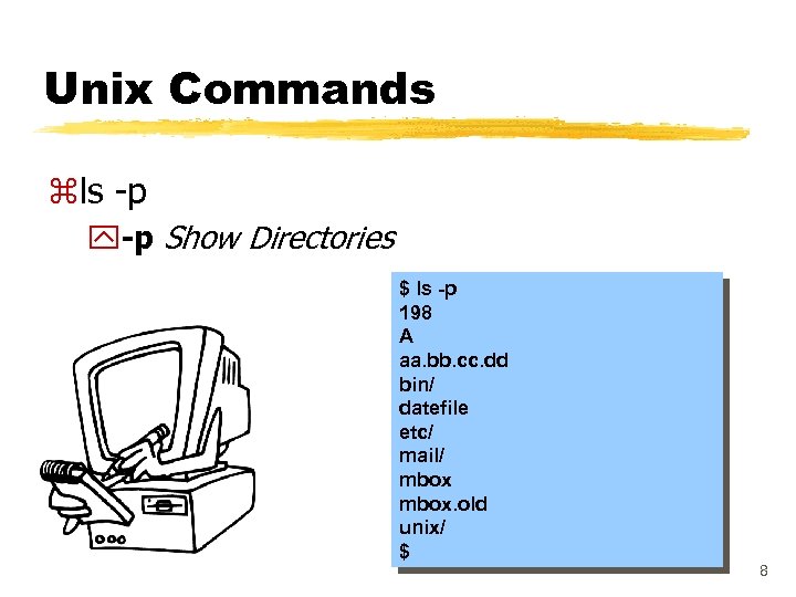 Unix Commands zls -p y-p Show Directories $ ls -p 198 A aa. bb.