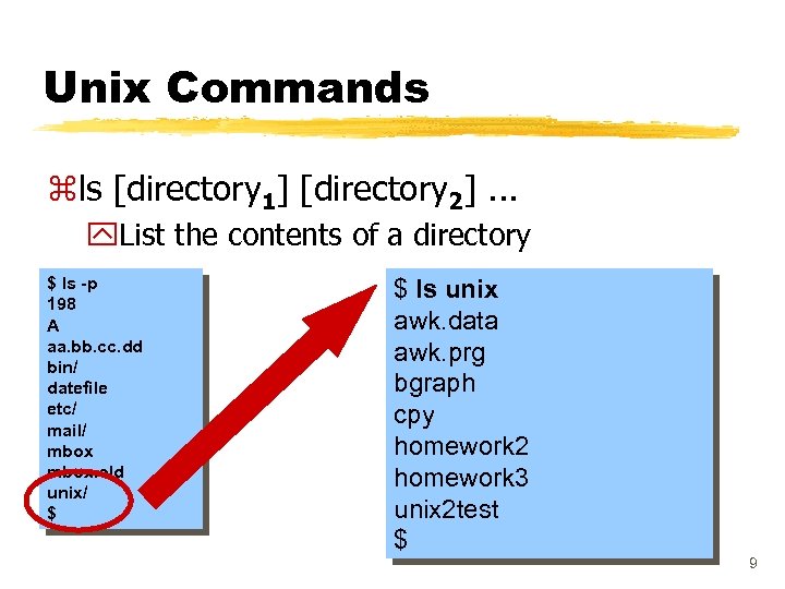 Unix Commands zls [directory 1] [directory 2]. . . y. List the contents of