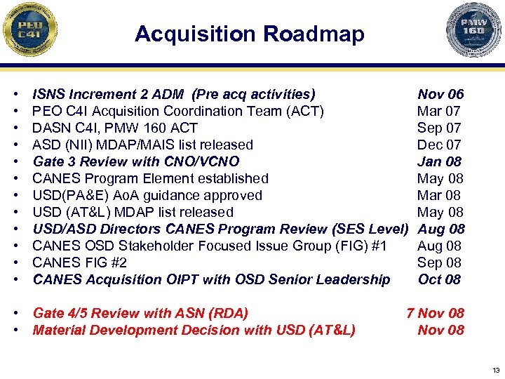 Acquisition Roadmap • • • ISNS Increment 2 ADM (Pre acq activities) PEO C