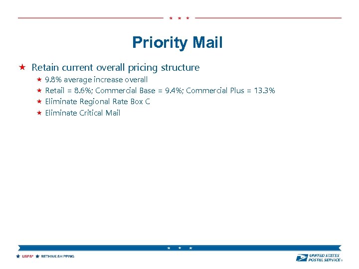 Priority Mail Retain current overall pricing structure 9. 8% average increase overall Retail =