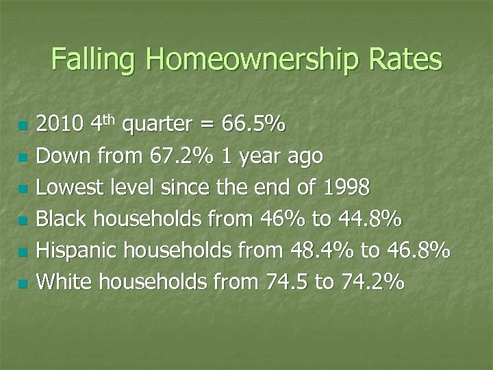 Falling Homeownership Rates n n n 2010 4 th quarter = 66. 5% Down
