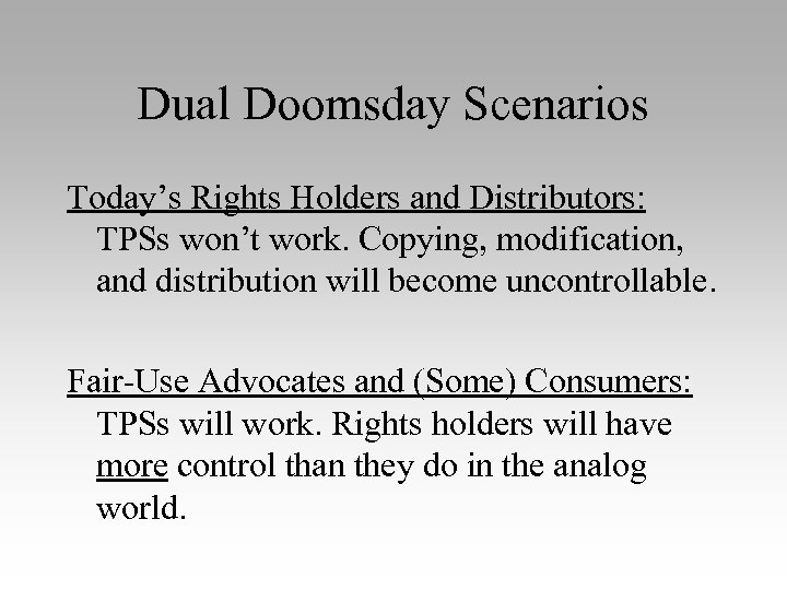 Dual Doomsday Scenarios Today’s Rights Holders and Distributors: TPSs won’t work. Copying, modification, and