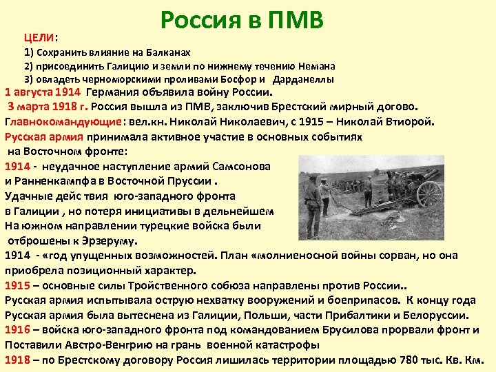 Россия в ПМВ ЦЕЛИ: ЦЕЛИ 1) Сохранить влияние на Балканах 2) присоединить Галицию и