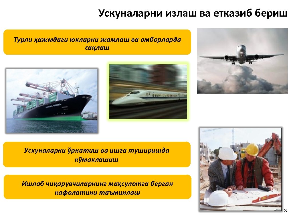 Ускуналарни излаш ва етказиб бериш Турли ҳажмдаги юкларни жамлаш ва омборларда сақлаш Ускуналарни ўрнатиш