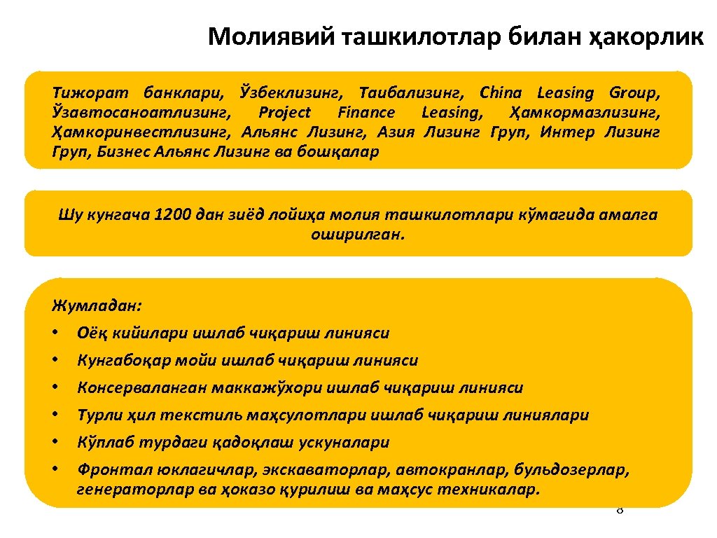 Молиявий ташкилотлар билан ҳакорлик Тижорат банклари, Ўзбеклизинг, Таибализинг, China Leasing Group, Ўзавтосаноатлизинг, Project Finance