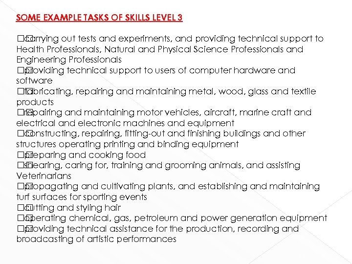 SOME EXAMPLE TASKS OF SKILLS LEVEL 3 carrying out tests and experiments, and providing
