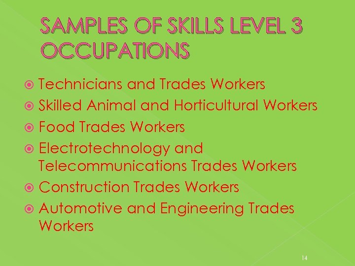 SAMPLES OF SKILLS LEVEL 3 OCCUPATIONS Technicians and Trades Workers Skilled Animal and Horticultural