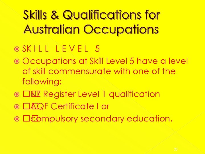 Skills & Qualifications for Australian Occupations SK I L L L E V E