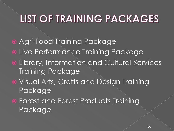 LIST OF TRAINING PACKAGES Agri-Food Training Package Live Performance Training Package Library, Information and