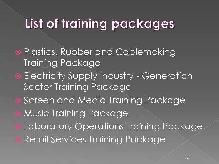 List of training packages Plastics, Rubber and Cablemaking Training Package Electricity Supply Industry -