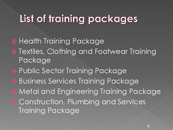 List of training packages Health Training Package Textiles, Clothing and Footwear Training Package Public