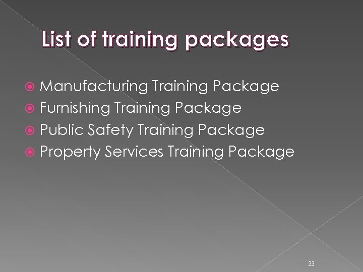 List of training packages Manufacturing Training Package Furnishing Training Package Public Safety Training Package