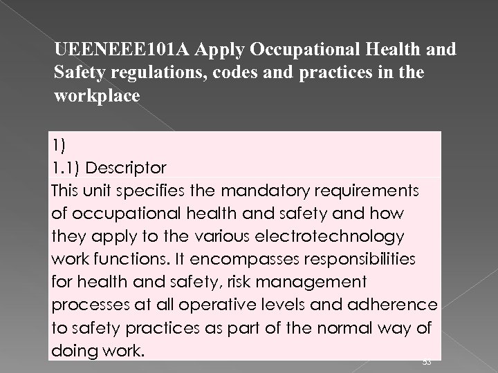 UEENEEE 101 A Apply Occupational Health and Safety regulations, codes and practices in the
