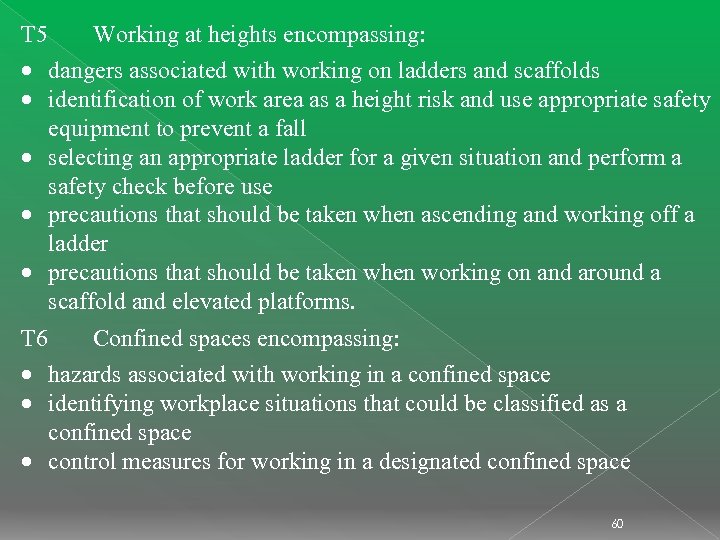 T 5 Working at heights encompassing: dangers associated with working on ladders and scaffolds