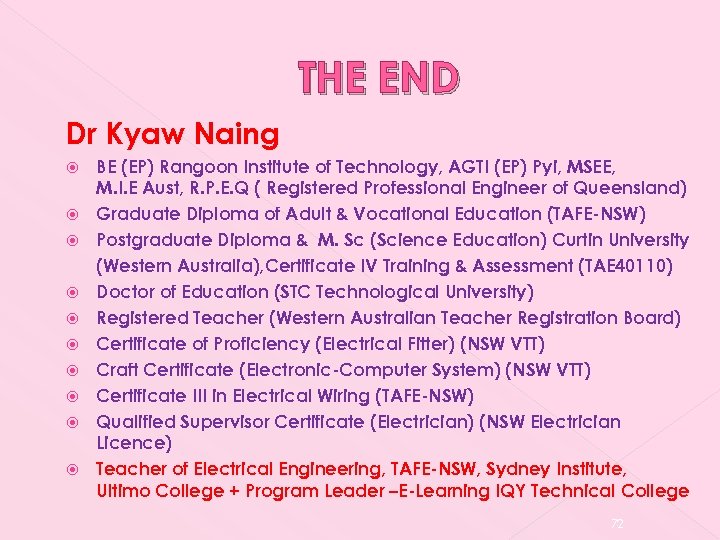 THE END Dr Kyaw Naing BE (EP) Rangoon Institute of Technology, AGTI (EP) Pyi,