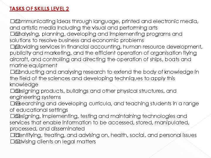 TASKS OF SKILLS LEVEL 2 communicating ideas through language, printed and electronic media, and