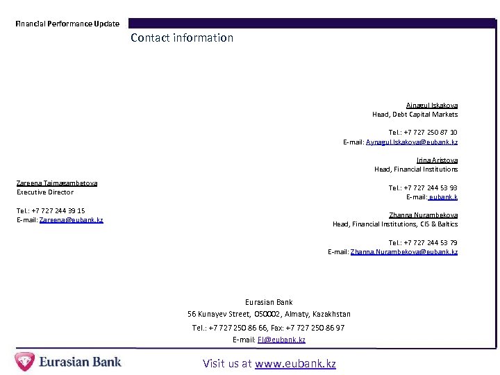 Financial Performance Update Contact information Ainagul Iskakova Head, Debt Capital Markets Tel. : +7