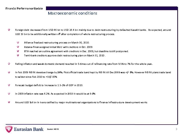 Financial Performance Update Macroeconomic conditions Foreign debt decreased from USD 46 bn to USD