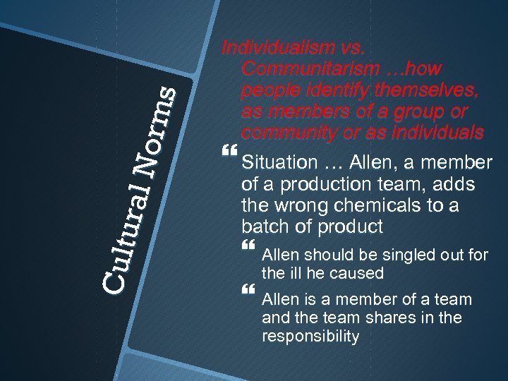 Cult u ral N orm s Individualism vs. Communitarism …how people identify themselves, as