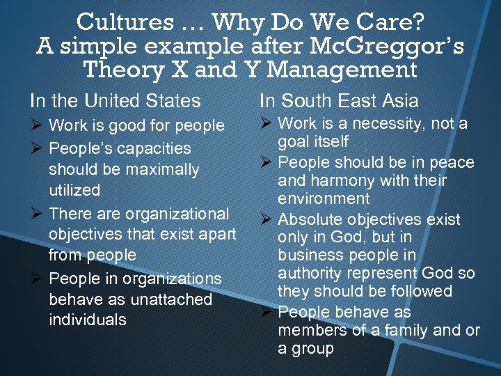 Cultures … Why Do We Care? A simple example after Mc. Greggor’s Theory X