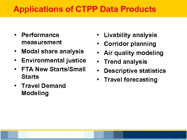 Applications of CTPP Data Products • Performance measurement • Modal share analysis • Environmental