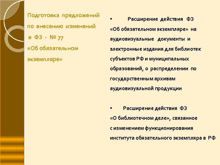 Подготовка предложений по внесению изменений • Расширение действия ФЗ «Об обязательном экземпляре» на в