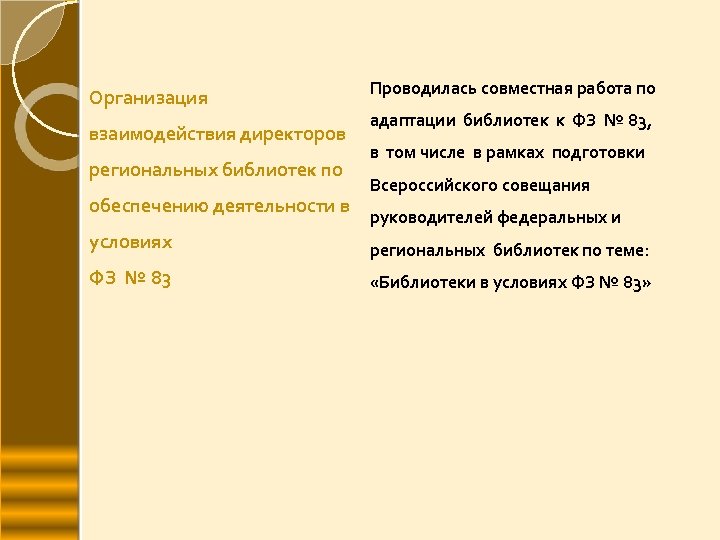 Организация взаимодействия директоров региональных библиотек по обеспечению деятельности в Проводилась совместная работа по адаптации
