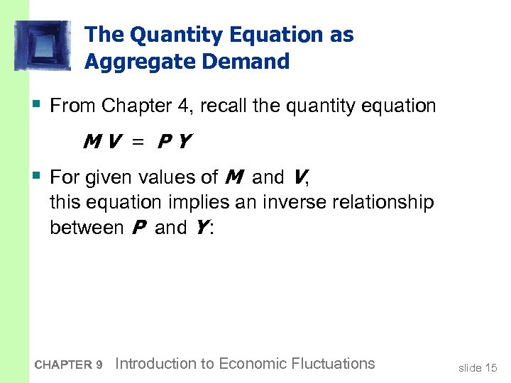 The Quantity Equation as Aggregate Demand § From Chapter 4, recall the quantity equation