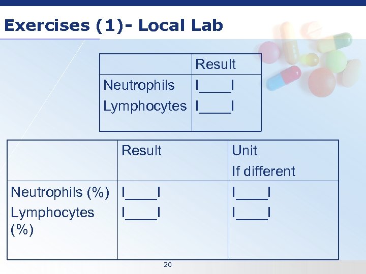 Exercises (1)- Local Lab Result Neutrophils I____I Lymphocytes I____I Result Unit If different I____I