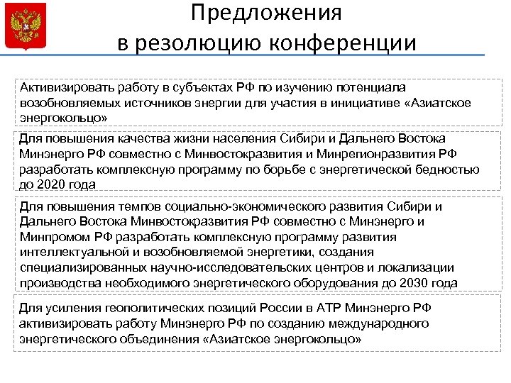 Предложения в резолюцию конференции Активизировать работу в субъектах РФ по изучению потенциала возобновляемых источников