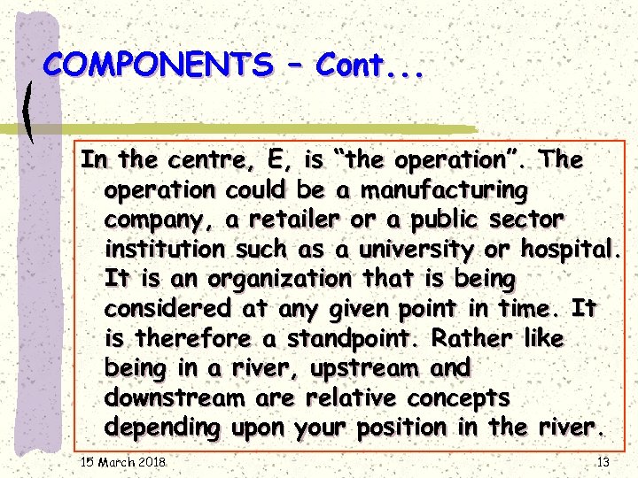 COMPONENTS – Cont. . . In the centre, E, is “the operation”. The operation