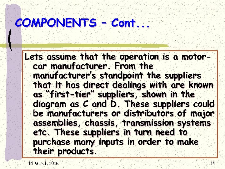COMPONENTS – Cont. . . Lets assume that the operation is a motorcar manufacturer.