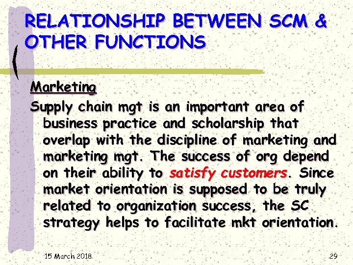 RELATIONSHIP BETWEEN SCM & OTHER FUNCTIONS Marketing Supply chain mgt is an important area