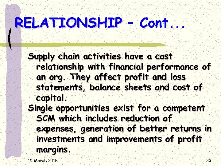 RELATIONSHIP – Cont. . . Supply chain activities have a cost relationship with financial