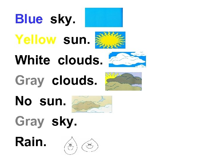 Blue sky. Yellow sun. White clouds. Gray clouds. No sun. Gray sky. Rain. 