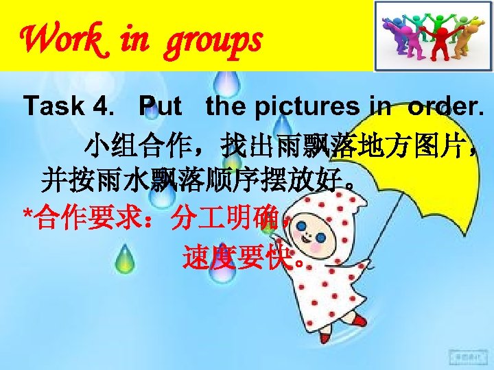 Work in groups Task 4. Put the pictures in order. 小组合作，找出雨飘落地方图片， 并按雨水飘落顺序摆放好。 *合作要求：分 明确，