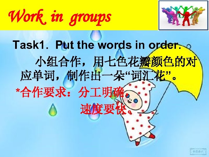 Work in groups Task 1. Put the words in order. 小组合作，用七色花瓣颜色的对 应单词，制作出一朵“词汇花”。 *合作要求：分 明确，