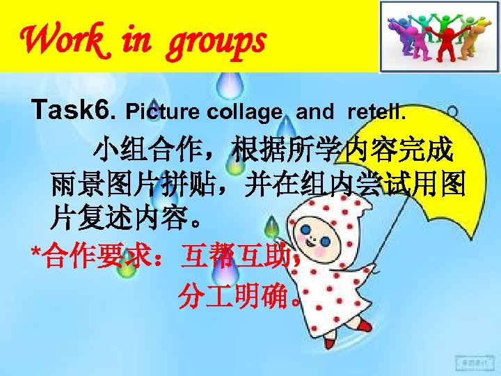 Work in groups Task 6. Picture collage and retell. 小组合作，根据所学内容完成 雨景图片拼贴，并在组内尝试用图 片复述内容。 *合作要求：互帮互助， 分