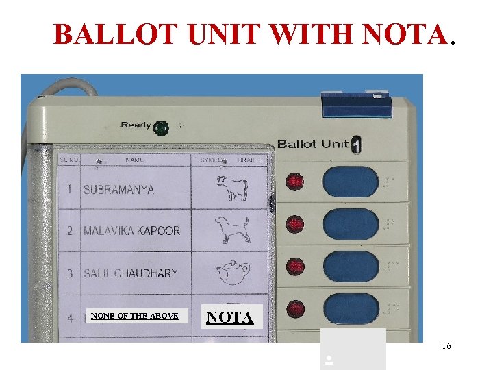 BALLOT UNIT WITH NOTA. NONE OF THE ABOVE NOTA . 16 