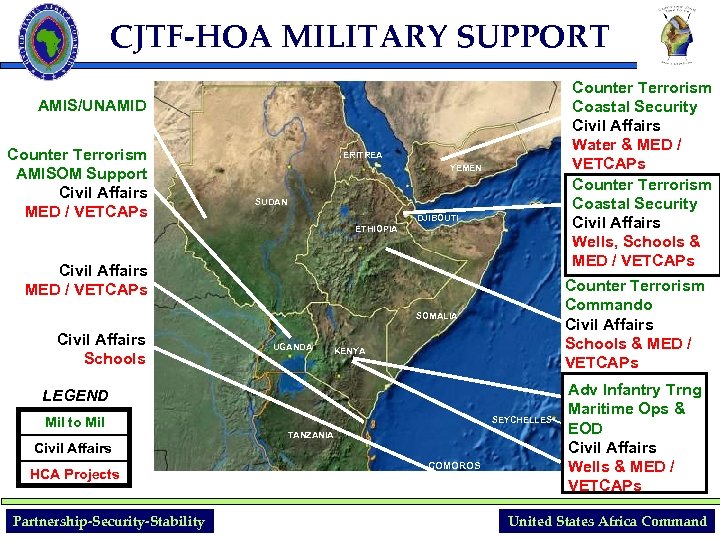 CJTF-HOA MILITARY SUPPORT Counter Terrorism Coastal Security Civil Affairs Water & MED / VETCAPs