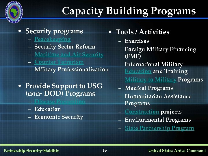 Capacity Building Programs • Security programs – – – • Tools / Activities Peacekeeping