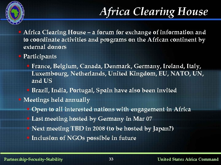 Africa Clearing House • Africa Clearing House – a forum for exchange of information