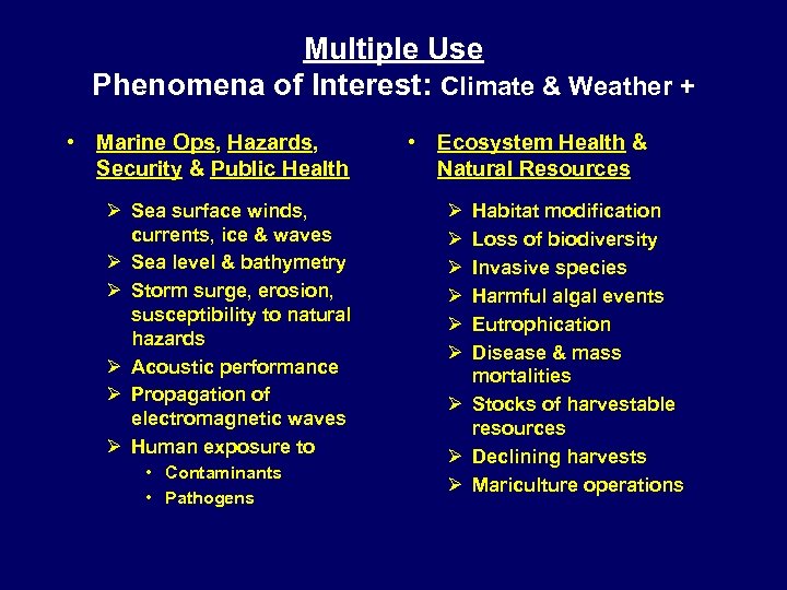 Multiple Use Phenomena of Interest: Climate & Weather + • Marine Ops, Hazards, Security