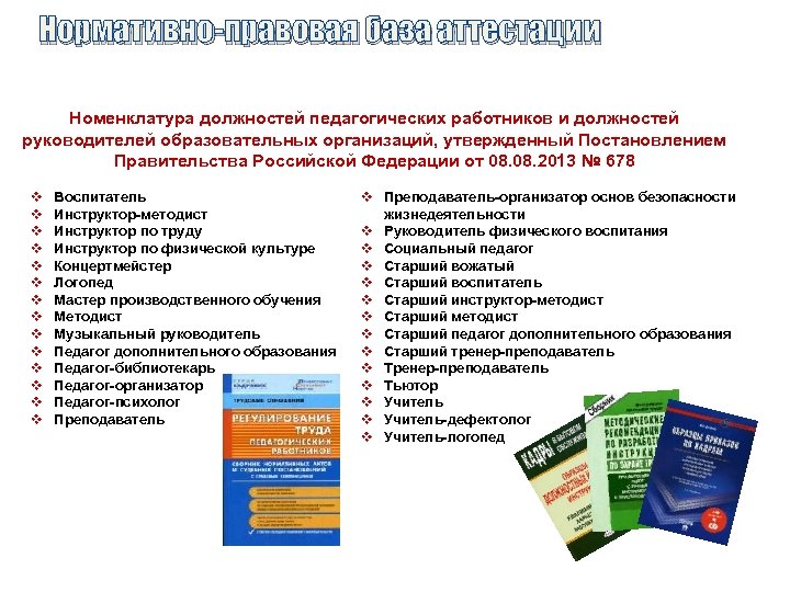 Нормативно-правовая база аттестации Номенклатура должностей педагогических работников и должностей руководителей образовательных организаций, утвержденный Постановлением