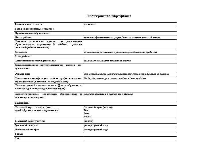 Электронное портфолио Фамилия, имя, отчество полностью Дата рождения (день, месяц, год) Муниципальное образование Место