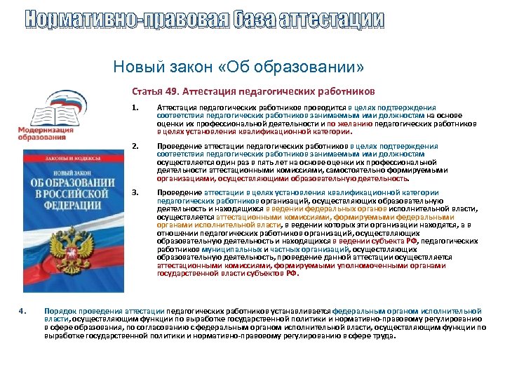 Нормативно-правовая база аттестации Новый закон «Об образовании» Статья 49. Аттестация педагогических работников 1. 2.