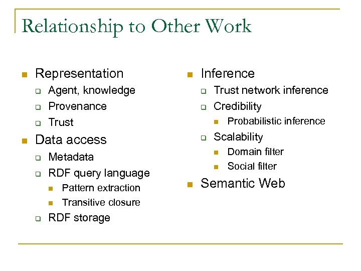 Relationship to Other Work n Representation q q q n n Agent, knowledge Provenance
