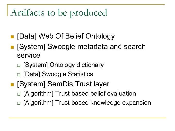 Artifacts to be produced n n [Data] Web Of Belief Ontology [System] Swoogle metadata