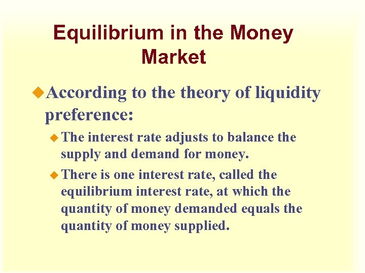 Equilibrium in the Money Market u. According to theory of liquidity preference: u The